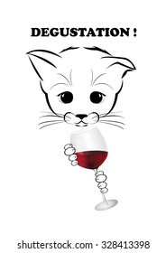 Boso, calm and happy kitten, darling of fortune. Calm smile is playing on his muzzle. He holds glass of old red wine with excellent flavor. Black vector illustration isolated on white background. 
