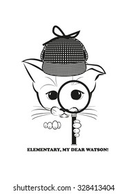 Boso, calm and happy kitten, darling of fortune. He holds magnifier in his paw and is able to solve any mystery. Black vector illustration isolated on white background.
