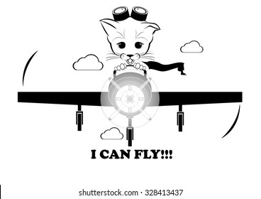 Boso, calm and happy kitten, darling of fortune. He is flying on plane and rapture is on his muzzle. Even kittens can fly. Black vector illustration isolated on white background. 