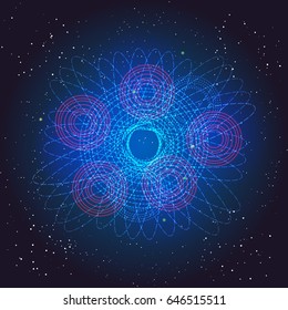 Boson Higgs, quantum mechanics. Voyage in the Space. Big Bang illustration. Vector abstract cosmic background.