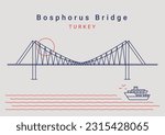 Bosphorus Bridge, Istanbul. Flat style compositions. Famous bridge in the Marmara sea, Turkey. Isolated vector illustration. Minimalist hand drawn landmark.