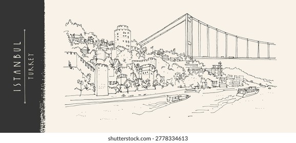 Bosphorus strait Istanbul Turkey postcard. Fatih Sultan Mehmet bridge and Rumeli Fortress, Vector hand drawn sketch, minimal line art, urban landscape, vintage travel architectural illustration bg