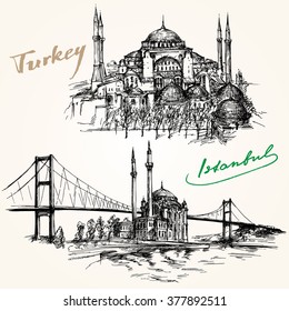 Bosporus Bridge. Hand drawn set. Istanbul, Turkey.