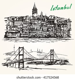 Bosporus Bridge. Hand drawn set. Istanbul, Turkey. Galata district.