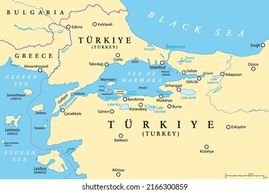 Bosporus and Dardanelles, political map. The Turkish Straits, internationally significant and narrow waterways in Turkey. Passages, connecting the Aegean Sea and the Sea of Marmara with the Black Sea.