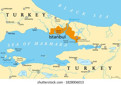 The Bosporus, political map. Also Bosphorus, Strait of Istanbul, a narrow, natural strait and international waterway in Turkey. It connects the Black Sea with the Sea of Marmara. Illustration. Vector
