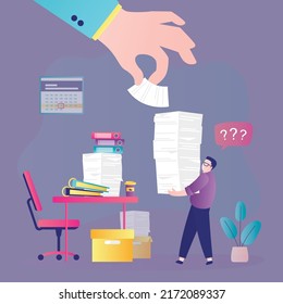Boss adds even more work to employee. Tired man carries large stack of documents. Hand adds paperwork to worker. Overworked businessman goes to workplace. Office routine. Flat vector illustration