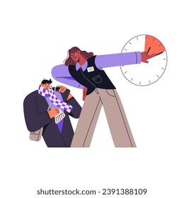 Boss angry about tardiness. Furious woman about employee late to work. Irritated manager pressure people. Bad time management. Lateness flat isolated vector illustration on white background