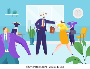 Boss angry at office employee, vector illustration. Business worker woman character run from man leader in suit, stress at work concept.