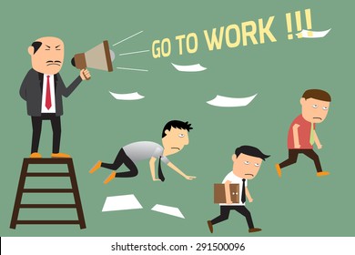 Boss angry shouting at worker on megaphone with lazy employee, vector illustration.