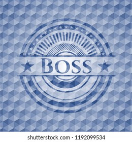 Boss blue badge with geometric pattern.