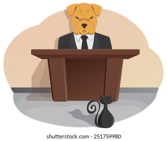 Boss bulldog looking at cat sitting at desk