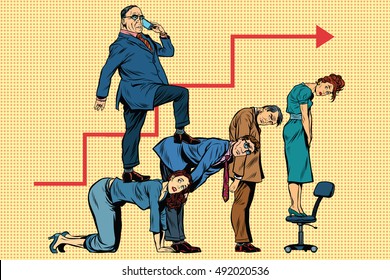 Boss business career on the backs of workers, pop art retro illustration realistic drawing