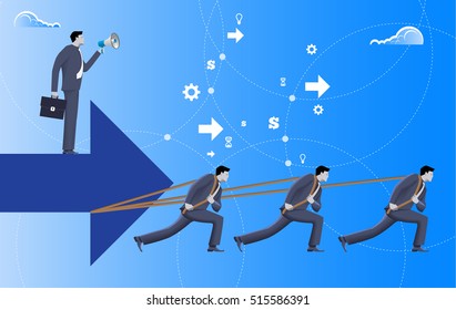 Boss Business Concept. Three Confident Businessmen In Suits Pull Big Arrow With One More Businessman On Top Of It With Case And Loudspeaker. Team, Teamwork, Micro Management.