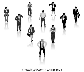 The Boss and business crew silhouette with black and grey shades. All the objects and silhouettes are in different layers. 