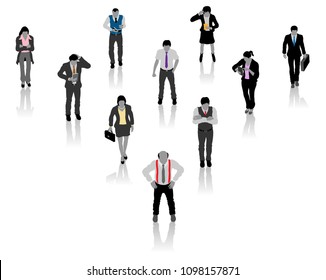 The Boss and business crew silhouette with unique colorful accessories. All the objects and silhouettes are in different layers. 