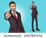 Boss business man bearded pointing to the front pop art comics style.