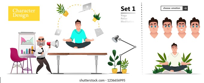 Boss business man bully screaming into megaphone. Corporate supervisor reprimanding and bullying concept. Soaring objects during meditation and control of feelings. Flat vector isolated illustration