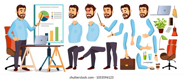 Boss Business Man Character Vector. Working Bearded CEO Male. Start Up. Modern Office Workplace. Chief Executive Officer, General, Colonel, Capital. Animation Set. Face Emotions. Cartoon Illustration