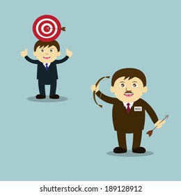 Boss of business man shooting target with a bow and arrow 