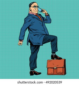 Boss business people, pop art retro illustration realistic drawing. A businessman puts his foot on the briefcase. Talking on the phone