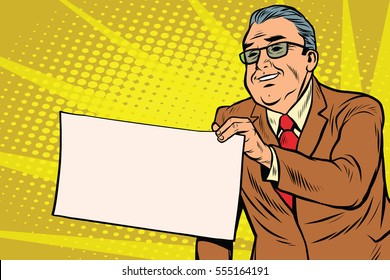 Boss businessman with a blank sheet of paper. Pop art retro vector illustration. Copy space