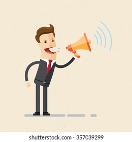 Boss, businessman or manager.A man in a suit shouting through a loudspeaker. Illustration, vector EPS10.