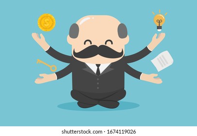 boss businessman practicing mindfulness meditation and releasing stress and expressing his potential