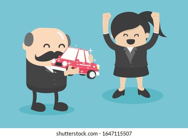Boss businessmen give a car to successful business women