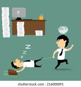 boss cartoon furious and frustrated he haul the exhausted employee falling asleep at ground, vector illustration