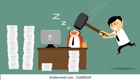 boss cartoon furious and frustrated hitting the exhausted employee falling asleep at his office desk, vector illustration