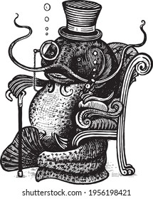 Boss Catfish sits in a chair, with a cane, in a top hat and smokes a cigar, vector illustration. Drawing with an ink pen and pencil. A collection of fish.