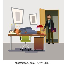 Boss caught sleeping in the office employee. Tired business man. vector illustration.