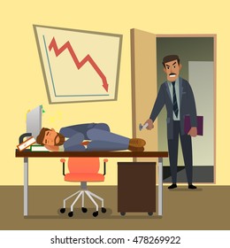 Boss caught sleeping in the office.Tired business man. vector illustration.