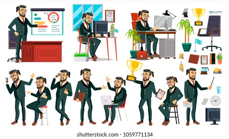 Boss CEO Character Vector. CEO, Managing Director, Representative Director. Poses, Emotions. Boss Meeting. Cartoon Business Illustration
