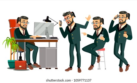 Boss CEO Character Vector. IT Startup Business Company. Body Template For Design. Various Poses, Situations. Cartoon Business Illustration