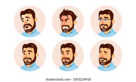 Boss Character Business People Avatar Vector. Modern Office Bearded Boss Man Face, Emotions Set. Creative Avatar Placeholder. Cartoon, Comic Art Illustration