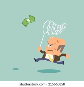 Boss chasing money. Flat vector illustration