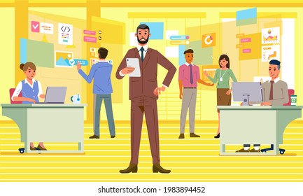 the boss is checking the work of his employees in a digital office. used for banner, website image and other