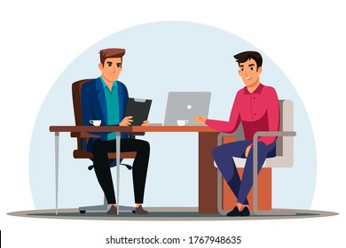 Boss chief employer holding CV resume interviewing man job seeker candidate in director office. Hr manager and applicant have conversation. Interview recruitment process. Business interior