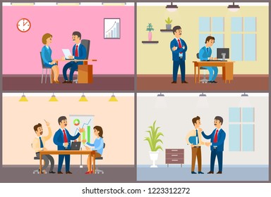 Boss chief executive taking interview of woman, reading cv vector. Conference meeting of team, teamwork working on brainstorming solution data analyze