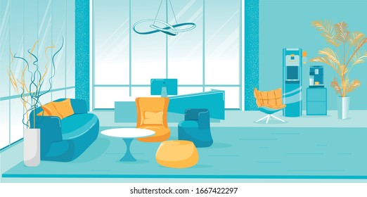 Boss Chief Office Interior in Modern Futuristic Style. Room with Furniture and Coffee Machine, Water Cooler Equipment. Desk with Computer, Chair for Header. Lounge Zone for Guests. Vector Illustration