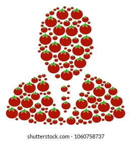 Boss collage of tomatoes in different sizes. Vector tomato vegetable symbols are united into boss pattern. Vegetable vector design concept.