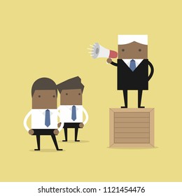 Boss commanding officers into a megaphone and African businessmen.