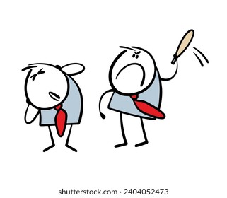 Boss of a commercial firm beats his subordinate with a stick. Vector illustration of an aggressive businessman offending weak competitor or colleague. Isolated cartoon caricature on white background.