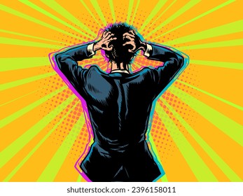 The boss of the company is trying to come up with something. Brainstorm an employee on how to solve a problem. A man in a business suit holds his hands next to his head. Pop Art Retro Vector