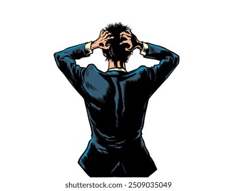 The boss of the company is trying to come up with something. Brainstorm an employee on how to solve a problem. A man in a business suit holds his hands next to his head. Pop Art Retro Vector