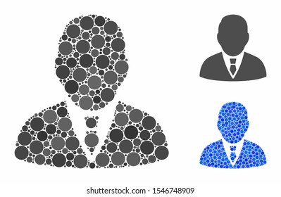 Boss composition of circle elements in different sizes and color hues, based on boss icon. Vector circle elements are combined into blue collage. Dotted boss icon in usual and blue versions.