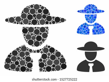 Boss composition of filled circles in different sizes and color hues, based on boss icon. Vector random circles are organized into blue composition. Dotted boss icon in usual and blue versions.