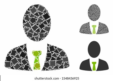 Boss composition of inequal pieces in various sizes and shades, based on boss icon. Vector inequal pieces are united into illustration. Boss icons collage with dotted pattern.